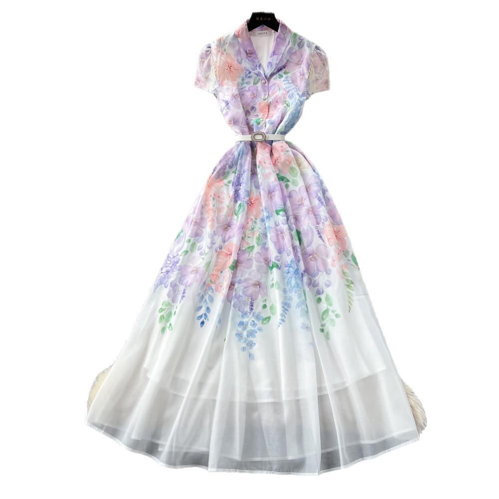 Vacation style V-neck lace-up waist printed dress women's summer short-sleeved lapel long dress temperament commuter women's clothing