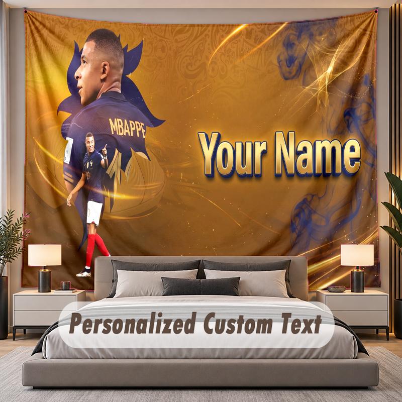 Custom Name Text Tapestry Kylian Mbappe Personalized Polyester Wall Tapestry For Bedroom And Room