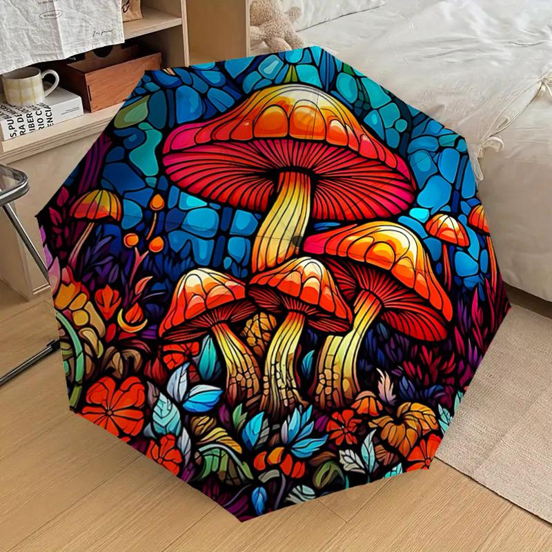 Bunter Pilzgarten Automatischer Aufklapp-Faltregenschirm - Tragbares 3-Fach-Design mit Eisenrahmen, Perfekt für den Außenbereich, Festliche Geschenke,