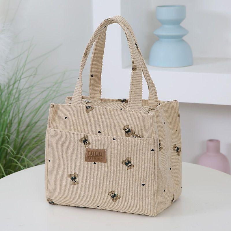 

Мила вельветова сумка з принтом ведмедика, універсальна, сумка для ланчу офісного працівника, сумка-тоут хакі