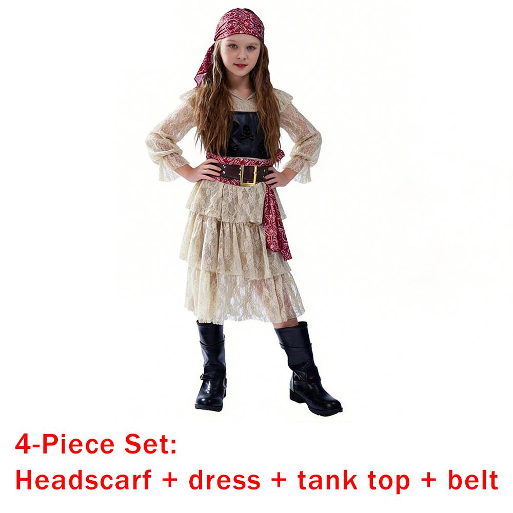 Carnival Vintage Pirate Costume Dress Medieval Buccaneer Outfit With Lace Dress Vest Belt Headscarf For Halloween Theme Party
