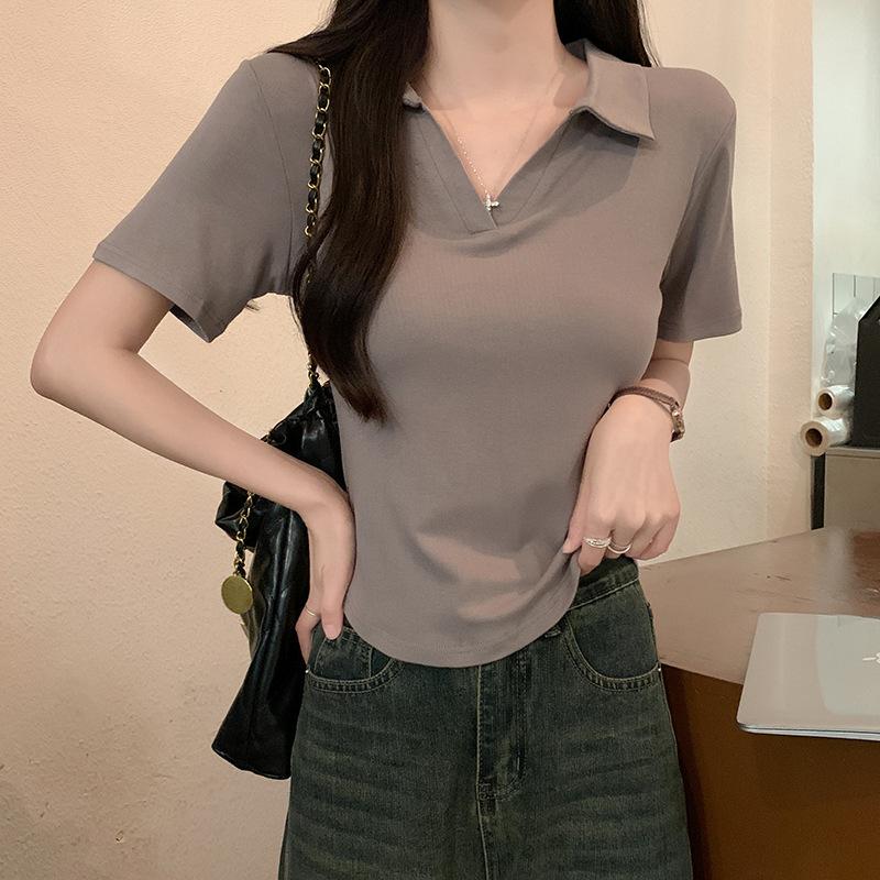 Korean Design Temperament Front Shoulder Short-sleeved Polo Collar T-shirt Women's Summer Fashion Casual and Thin Short Top Ins