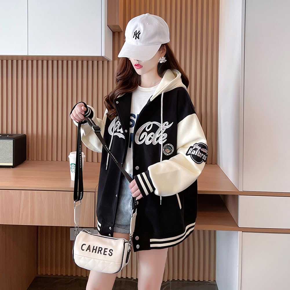 JIYUTOR Button Hoodie with Embroidered Outerwear for and Spring Stadium Student Style Black Fleece Women's Logo, Spring, Autumn, Winter,