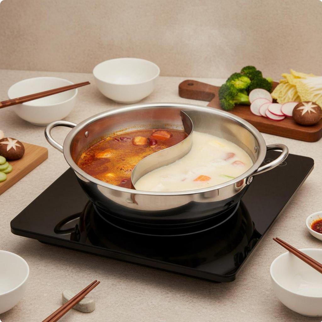 SplitPartition Pot Deformation Resistant Stainless Steel Shabu for Home, Restaurant 28CM
