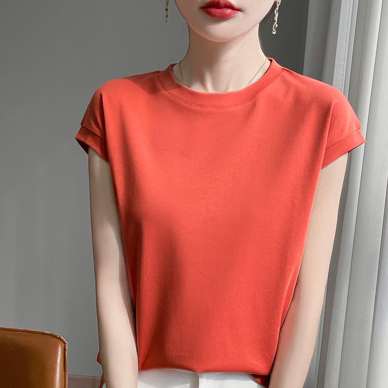 Mercerized Cotton O-neck T-shirt Summer Solid Color Sleeve Top Casual and Comfortable Short-sleeved Women's Clothes