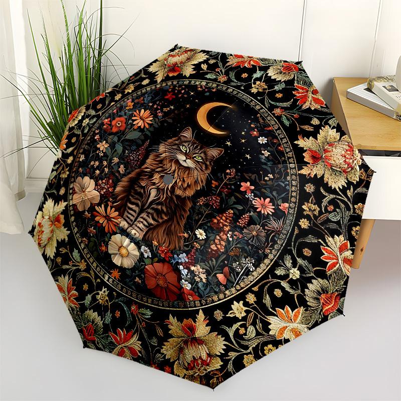 

Floral Mandala, Celestial CatThemed Automatic Opening and Closing umbrella 8 Ribs, Suitable for Leisure and Going Out, Outdoor Accessory,