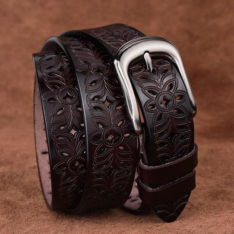 Women'S Hollow Belt Pin Buckle Yellow Cowhide Belt Casual Pinhole Belt