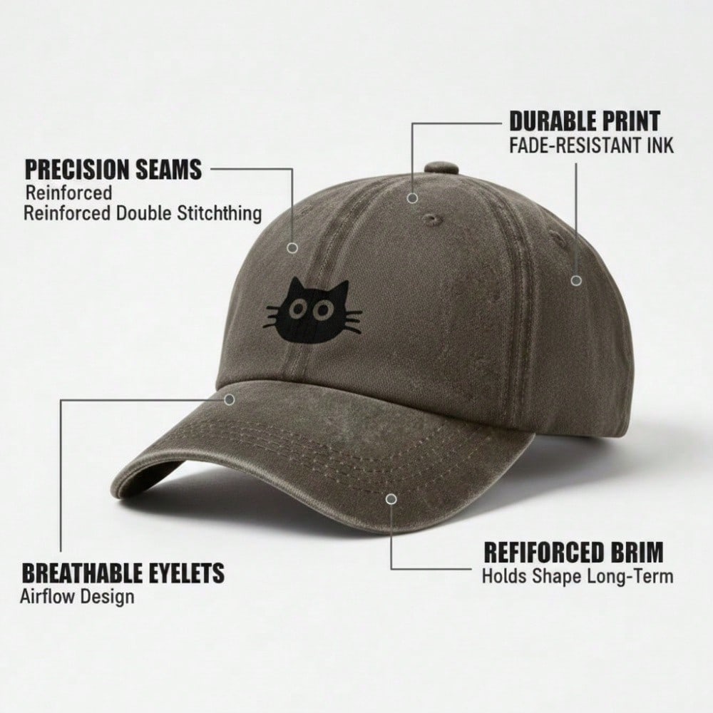 Cute Cat Face Print Baseball Cap - Unisex Adjustable Lightweight Breathable Dark Grey Casual Outdoor Sports Hat For Daily Wear, Minimalist Streetwear