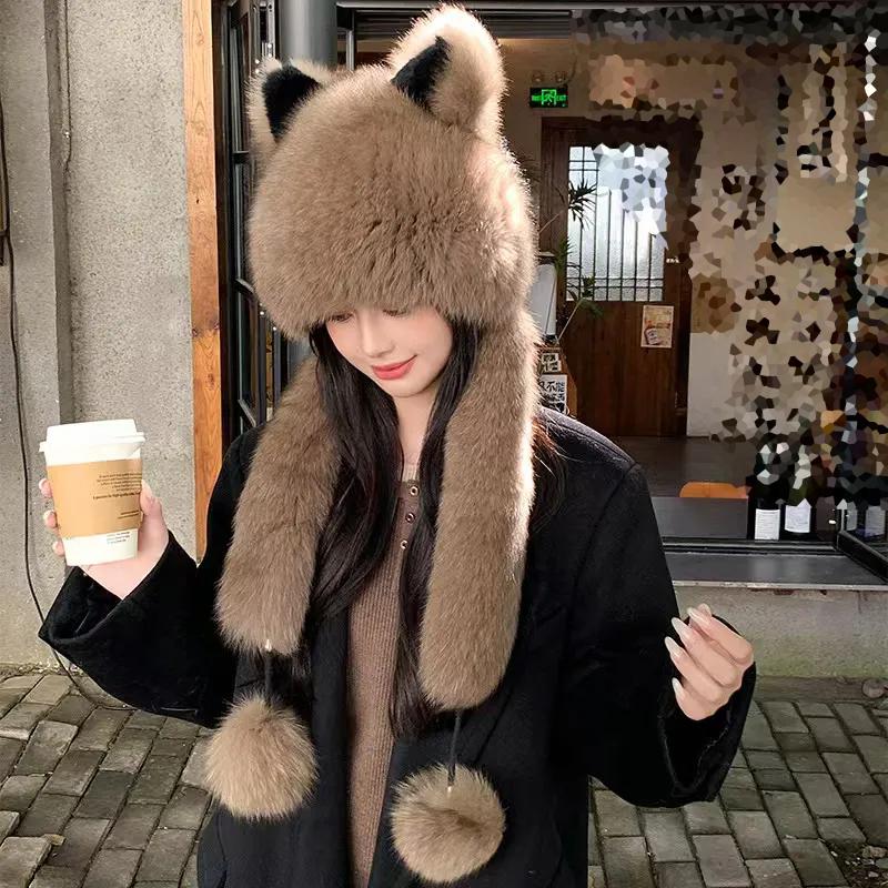 WTEMPO Solid Color Cute Ear Hats Plush Faux Fox Fur Ear Protector Scarf Hats Thick Winter Warm Soft Versatile Casual Hats