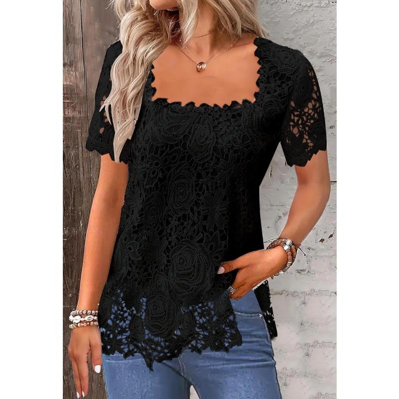 Camiseta de verano para mujer, Top de manga corta con encaje elegante para vacaciones