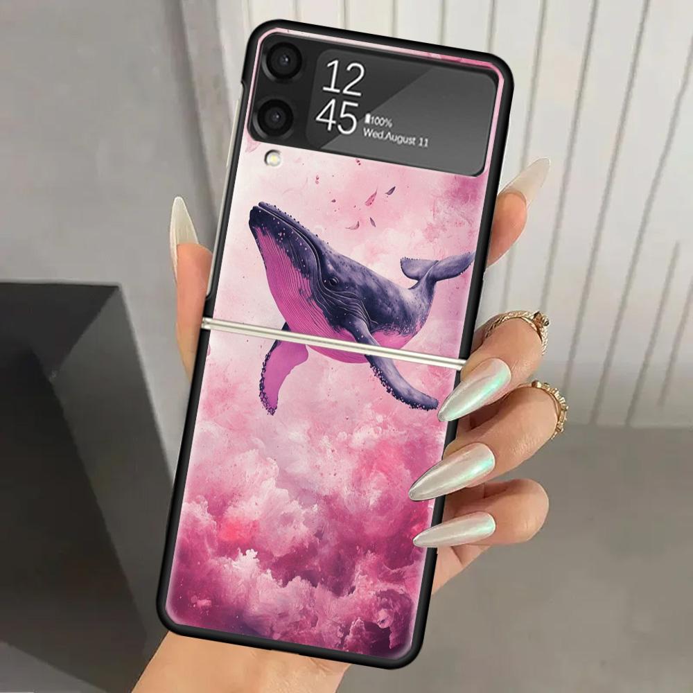 Humpback Whale Sea Giant Hard PC Phone Case For Samsung Galaxy Z Flip 7 6 5 4 3 Black ZFlip7 ZFlip6 Flip5 Flip4 Flip3 5G Print C