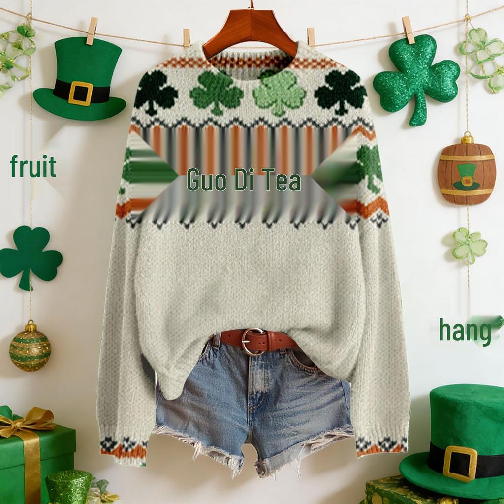 LXF-YT52 Saint Patrick's Day Fair Isle Pullover Sweater - Long Sleeve, Spring and Autumn Fashion.