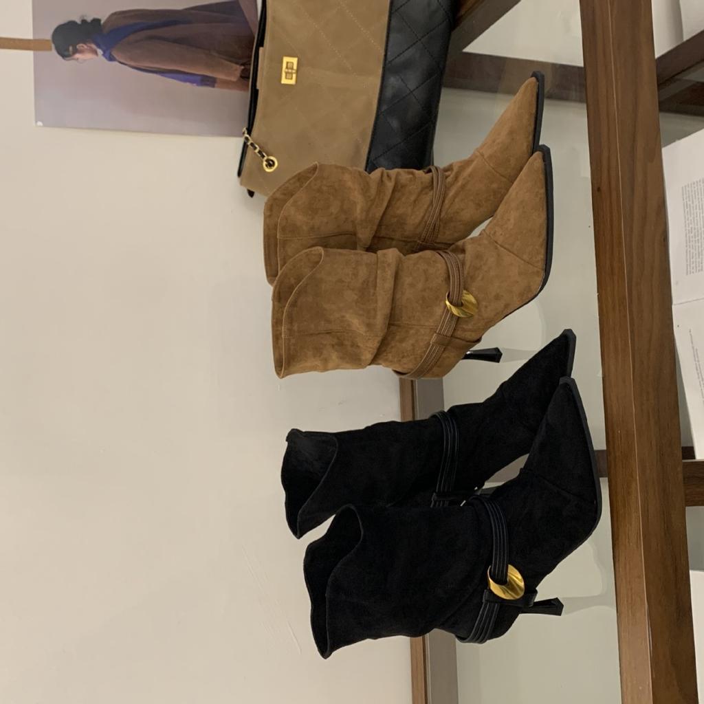 European and American Style New High-heeled Pointed-tipped Pleated Suede Piled Boots Metal Buckle Strap One-pedal Fashion Women's Boots Short Boots