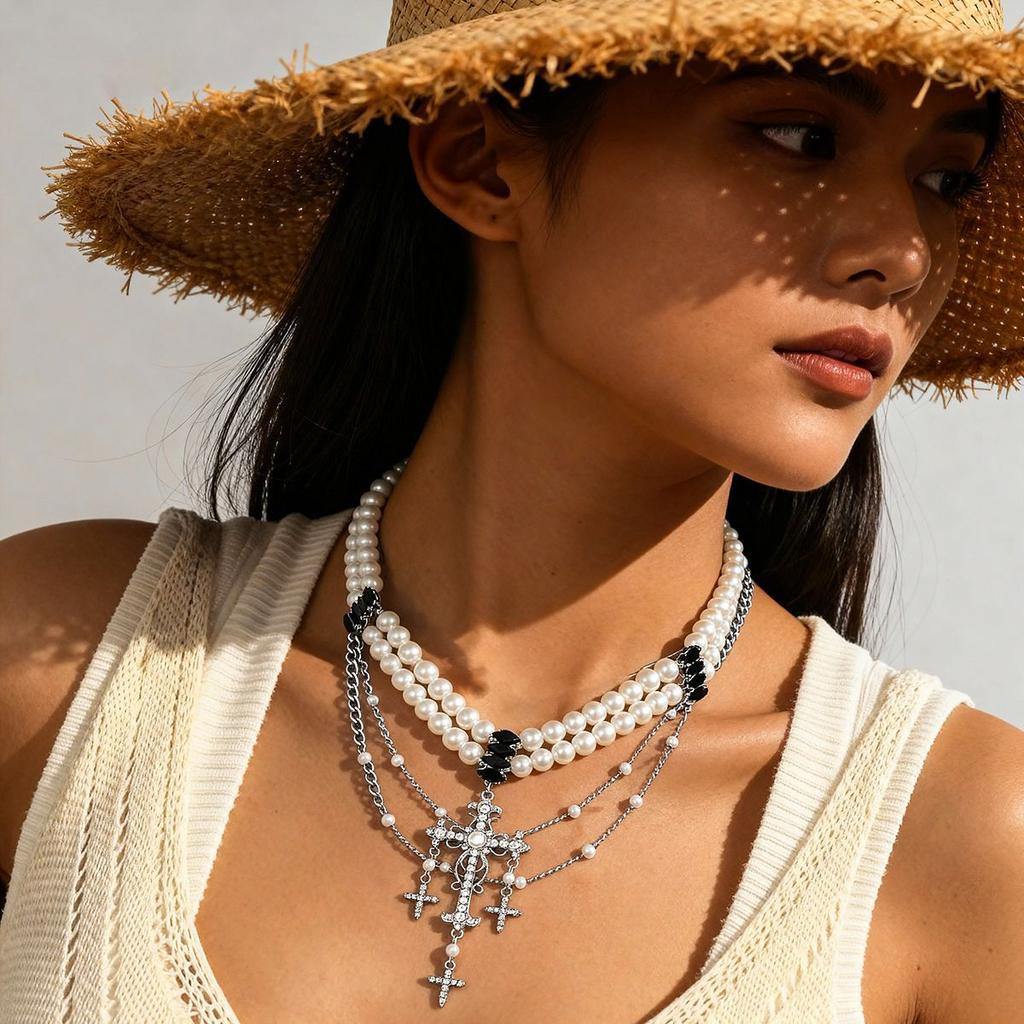 Personality diamond-set imitation pearl cross double-layer sweater chain temperament necklace