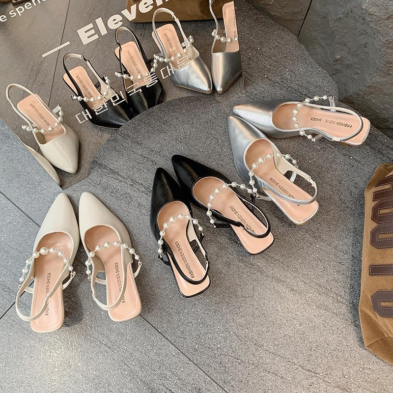Women's high-heeled single shoes, pearl sandals, women's 2025 summer outer wear, thin-heeled bag headband, and empty high heels.