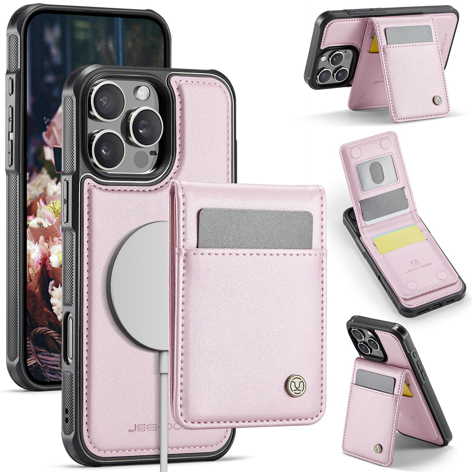 

For iPhone 15 Pro Leather Back Cover Compatible with MagSafe JEEHOOD J06 Phone Case with Card Bag RFID Blocking Pink