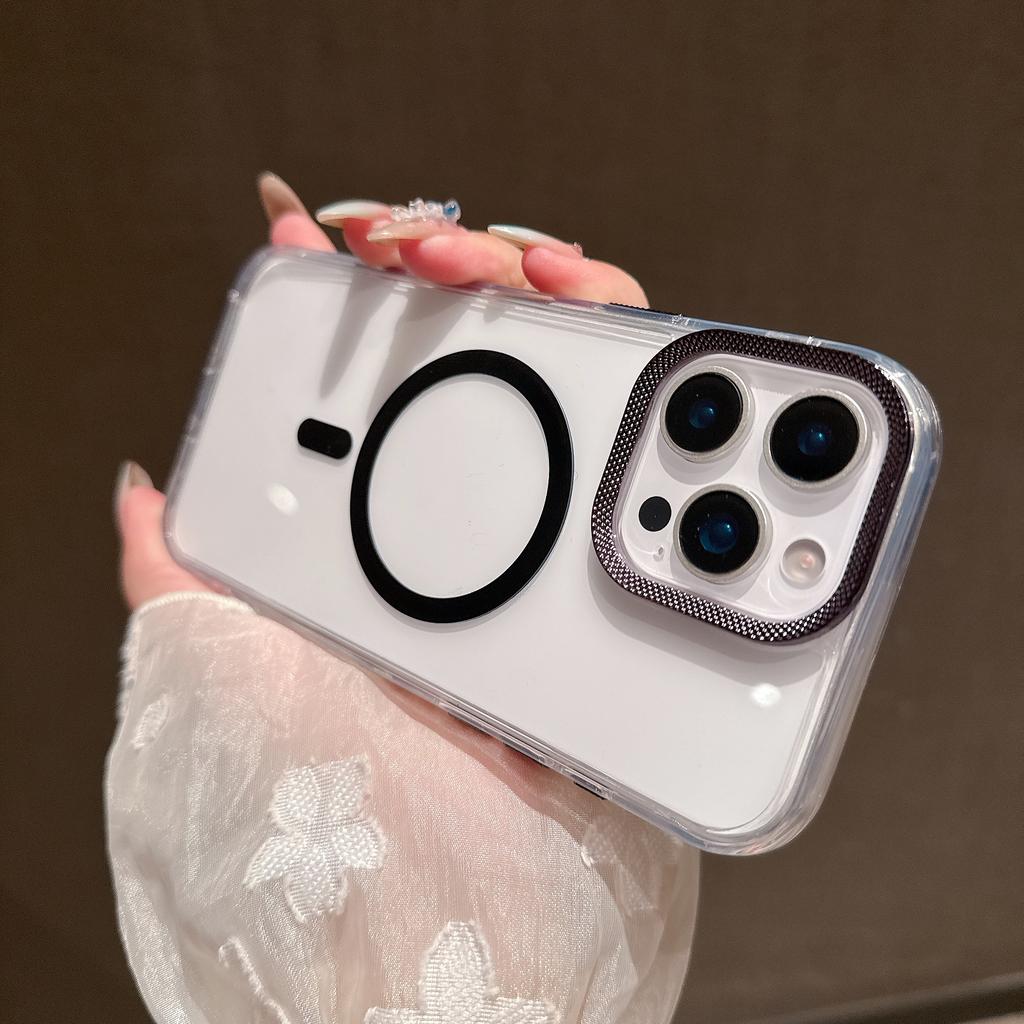 For iPhone 16 Pro Max Case Compatible with MagSafe PC+TPU Clear Phone Cover with Diamond Texture Lens Frame