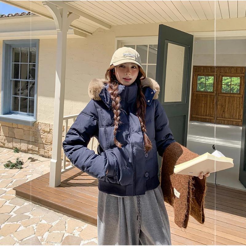 Winter Big Fur Collar Hooded Short Down Cotton Cotton Jacket for Women, Thin and Warm Small Cotton-padded Jacket