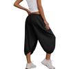 Women Elastic High Waist 3/4 Pant Casual Fit Wide Capris Leg Pants Trousers With Pockets