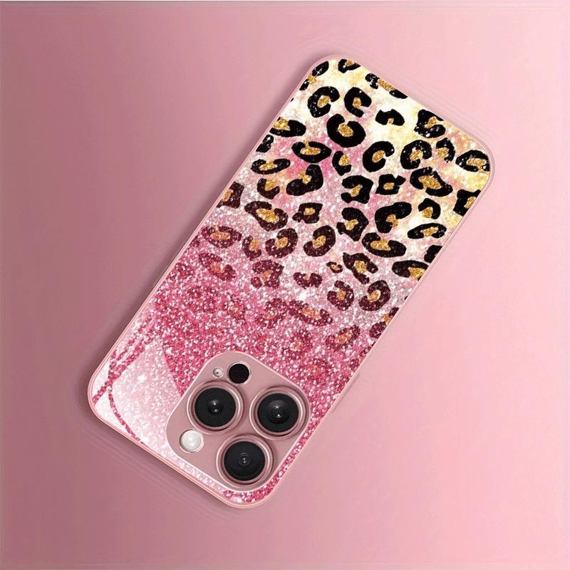 Třpytivý Gradientový Leopardí Vzor Růžová Metalická Barva Skleněné Pouzdro Na Telefon Pro iPhone 11 12 13 14 15 16 17 Pro Max Plus 17 Air 16E Kryt