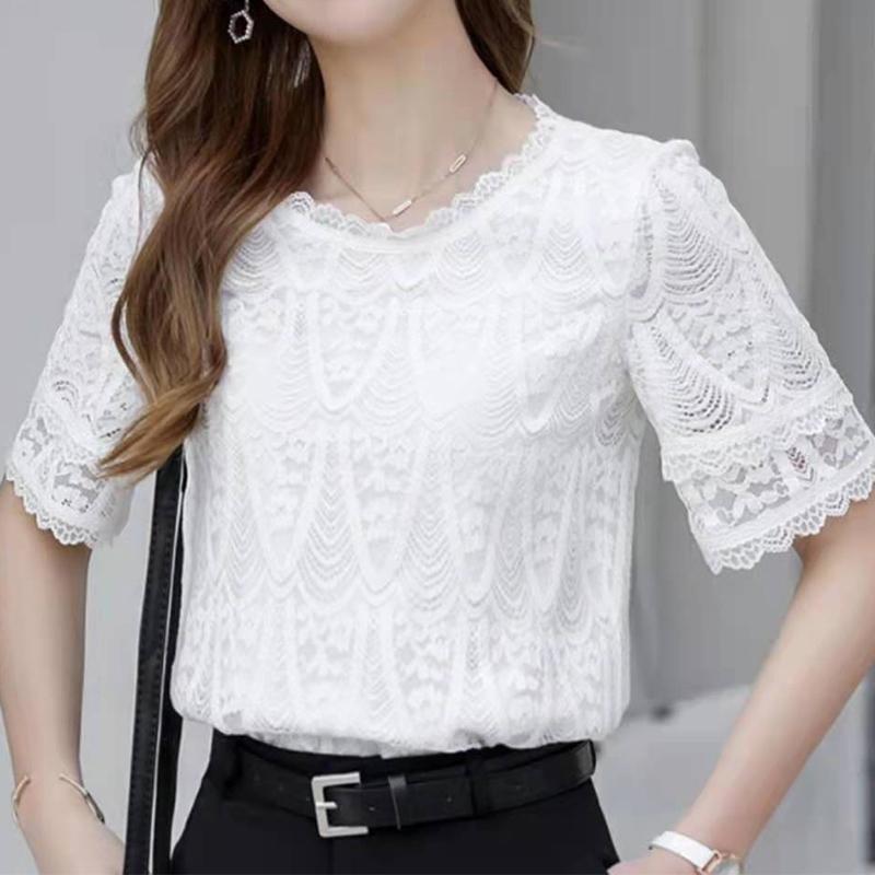 Casual Fashion Solid Lace Hollow Out T-shirt Summer New Short Sleeve O-Neck Loose Pullovers Tops Women's Clothing