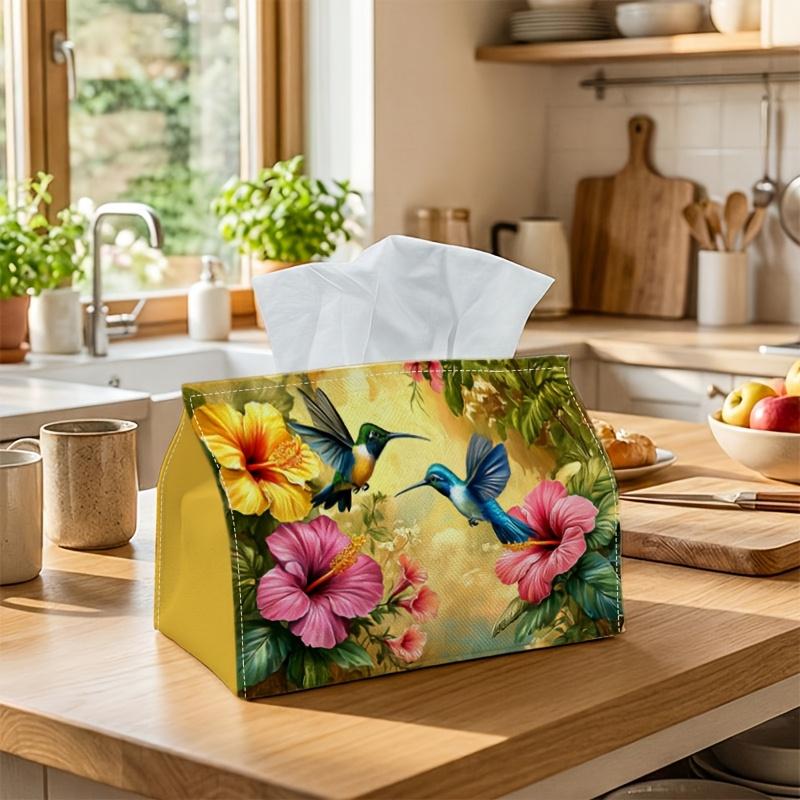1pc Brightly Colored Hummingbird Tissue Holder with Hibiscus Design for Tropical Jungle, Stylish Fabric Napkin Storage Organizer for Kitchen And Car,