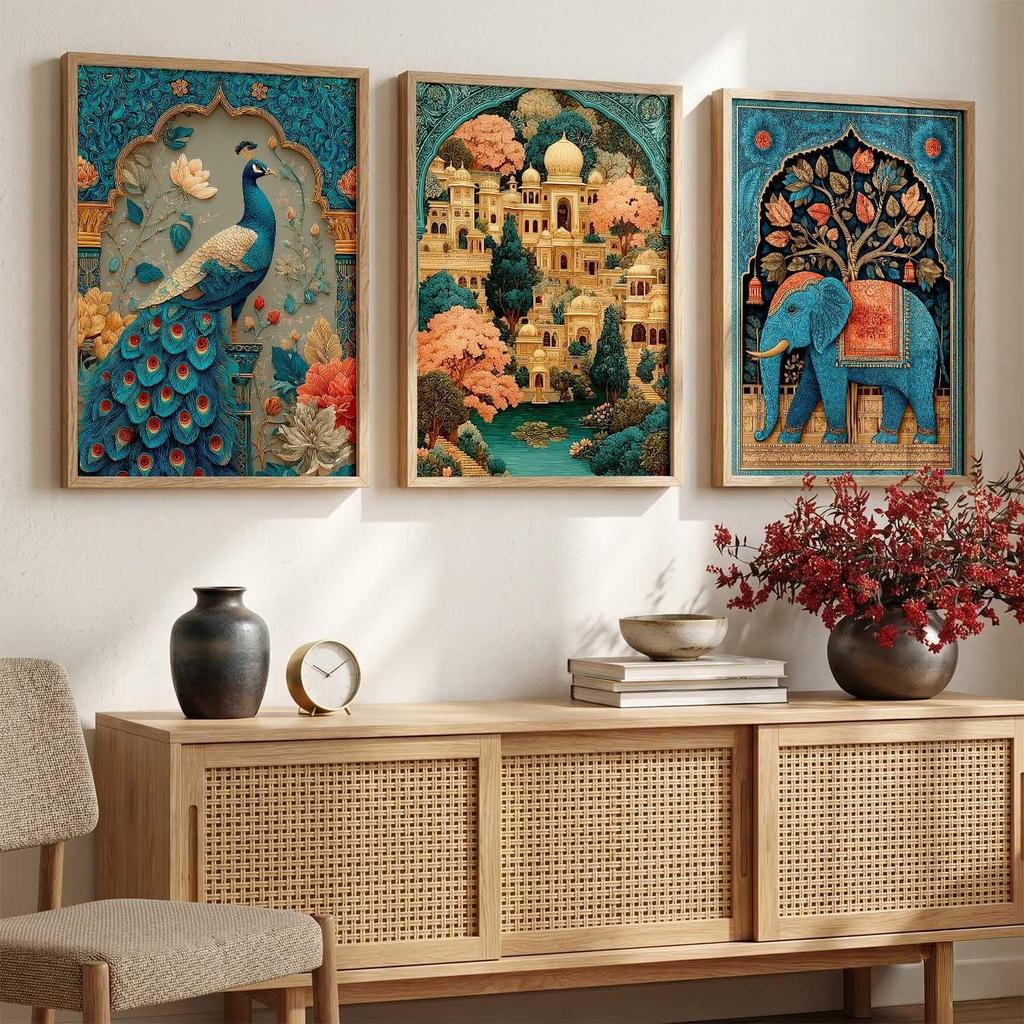 Kotart Madhubani Art Wall Painting Traditional Home Decoration With Frame For Living Room Bed Room Hotel Wall Decor Digital Reprint Set of 3