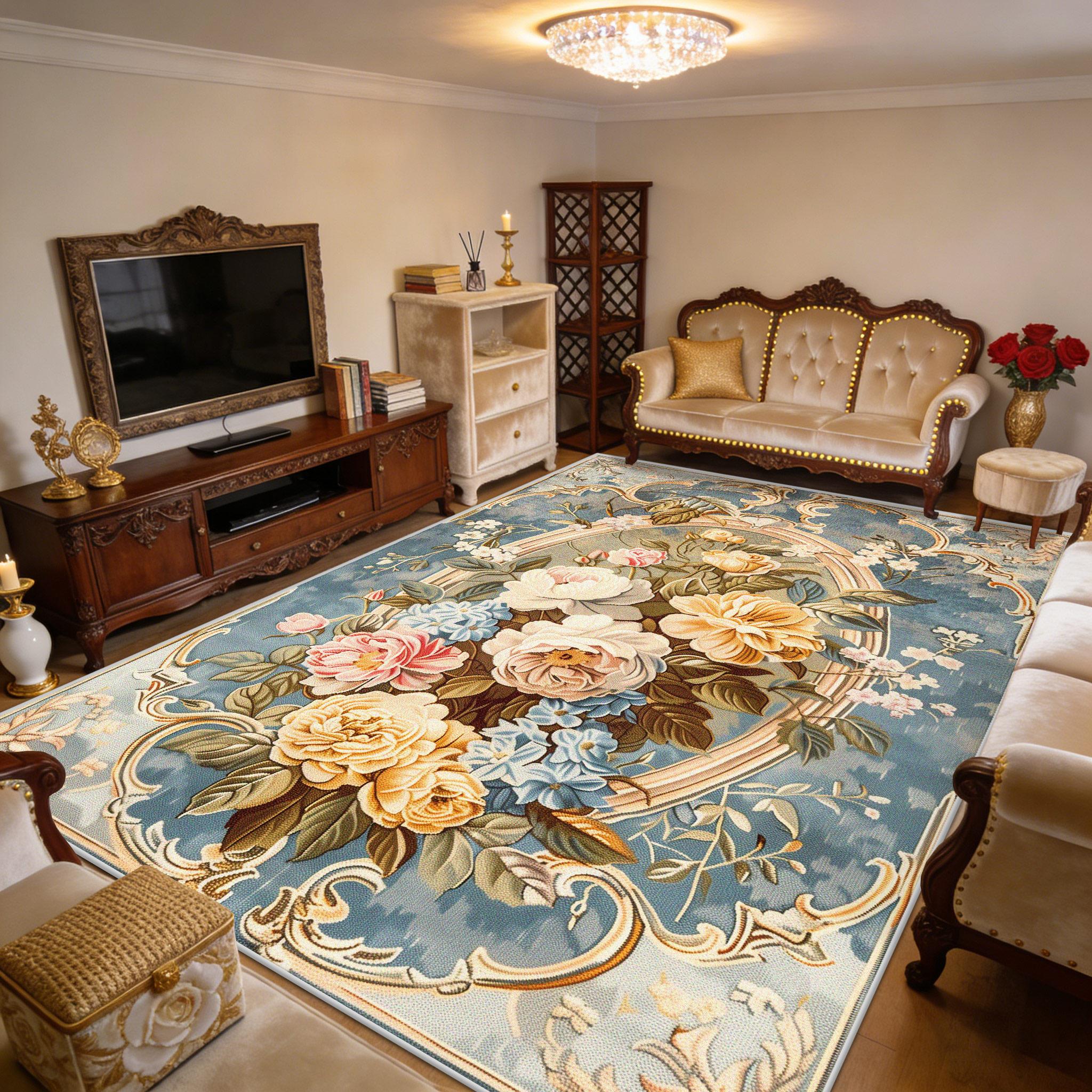 

European Luxury Big Rose Blue Fluffy Carpet Easy Clean Soft Large Rug Decoration Bedroom Bedside Non-slip Short Velvet Floor Mat 50x80cm