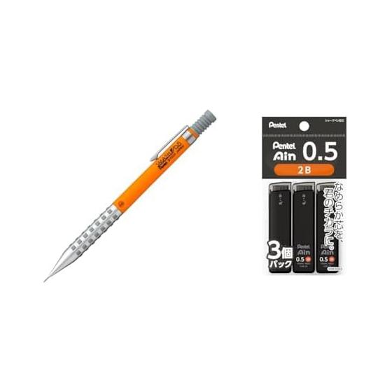 Pentel Smash Mechanical Pencil 0.5mm Q1005-15A Orange with Pentel Ain 0.5mm 2B Lead Refills 3-Pack XC2852B-3P