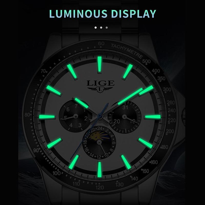 Men Quartz Wrist Watch Luminous Scale Waterproof Steel Strap Chronograph Watch with Calendar 24H Display