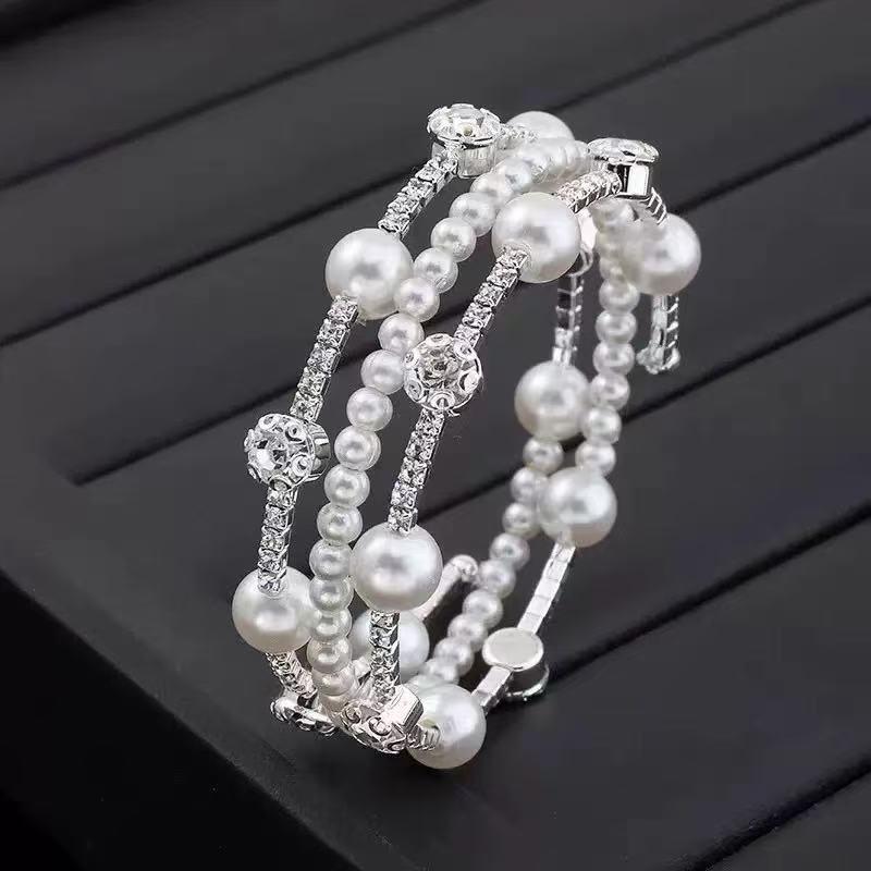 Multiple Shining Rhinestone Crystal Bracelet Pearl Cubic Zirconia Hand Wrist Bracelet Women Wedding Jewelry