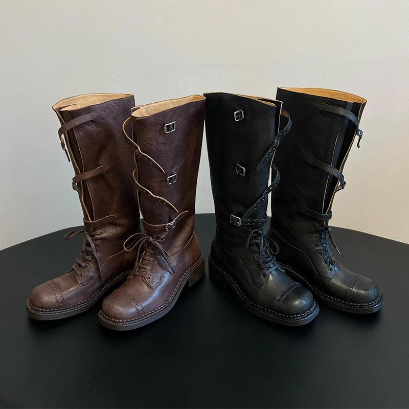 Vintage Strap-on Western Cowboy Boots Thick Heel Buckle Do Old Leather Merard Tall Knight Martin Boots Children