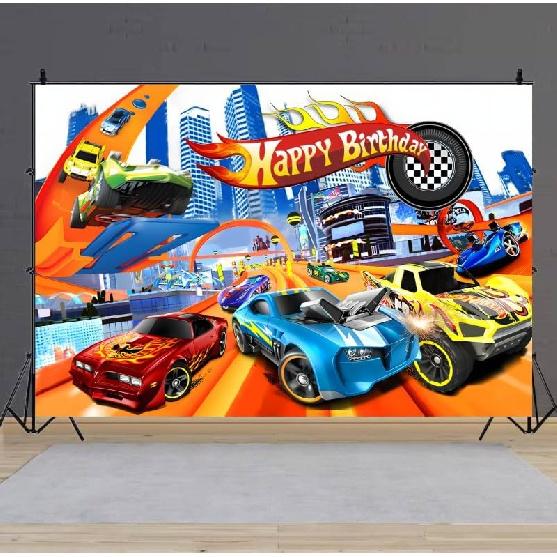Hot Birthday Party Decorations, 5x3ft Happy Birthday Back Drop Banner Theme Backdrop Banner for Wheels Party Decorations Indoor Outdoor.