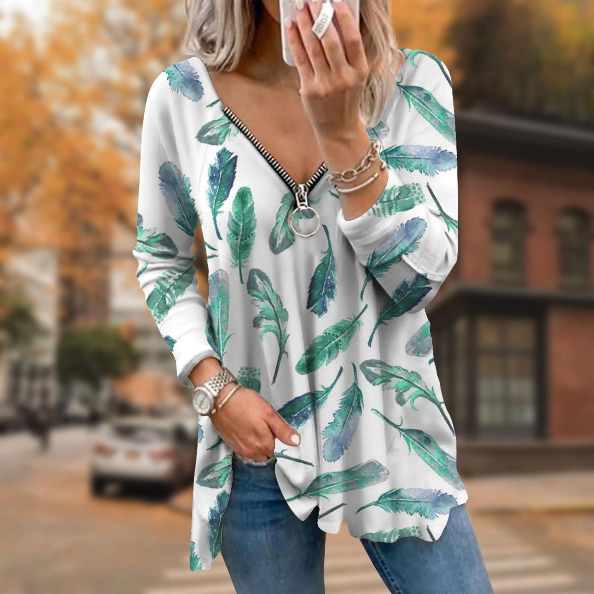 

Женские осенние фиолетовые футболки с длинным рукавом с принтом перьев, свободные футболки больших размеров с V-образным вырезом, удобные блузки 8XL светло-зеленый