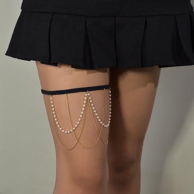 Sexy, Beach Imitation Pearl Leg Ring Body Chain, Simple Pearl Rhinestone Fringed Metal Thigh Chain