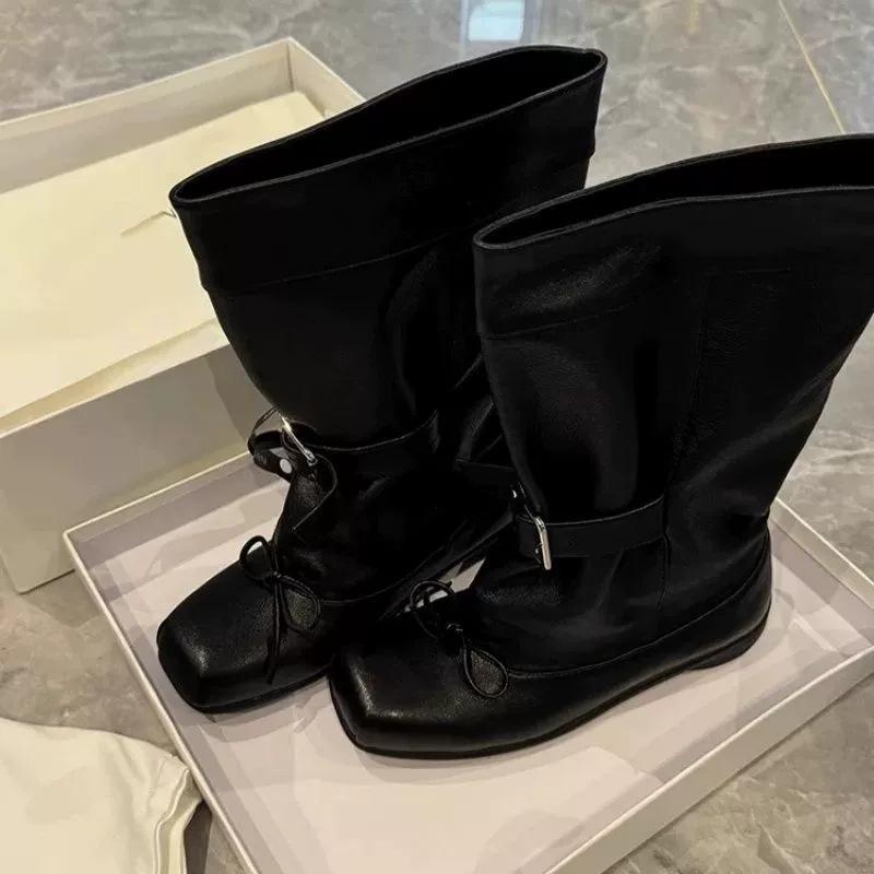 

Sweet and cool square-headed knight low boots inner height increase cowhide bow designer fashion Martin boots 40 чёрный