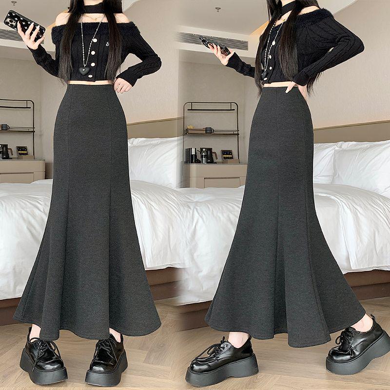 Off-White Fleece-Lined Woolen Mermaid Skirt - High-Waisted 2025 Autumn/Winter Mid-Length Skirt for Women