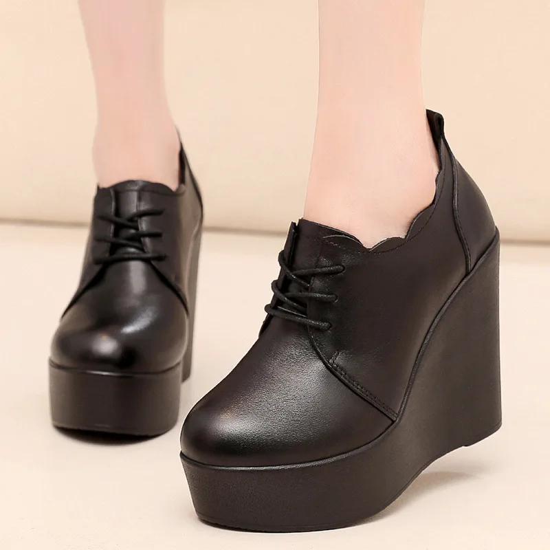 Small Size 33-43 Deep Mouth Genuine Leather Shoes Thick Bottom Platform Pumps 2025 Winter High Heels Wedges Shoes Office Model