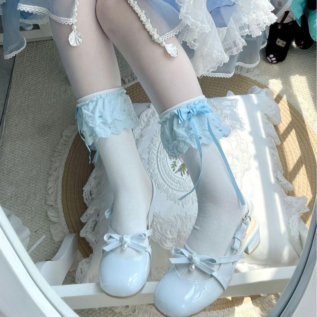 Chinese Style Lolita Cotton Kneehigh Socks With Lace And Bow For Women