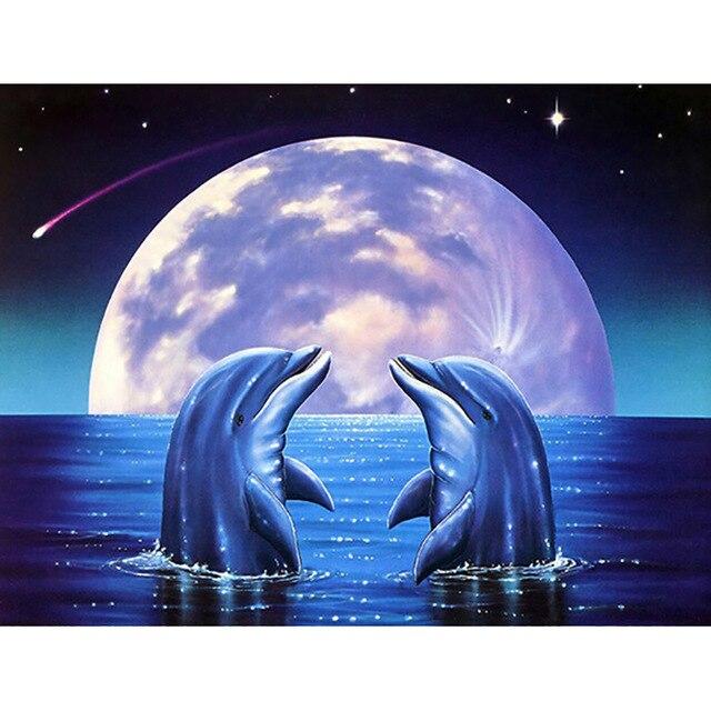 Animal Dolphins with Fish 5D Diy Diamond Painting Full Round Drill Mosaic Diamond Embroidery Rhinestones Home Decoration