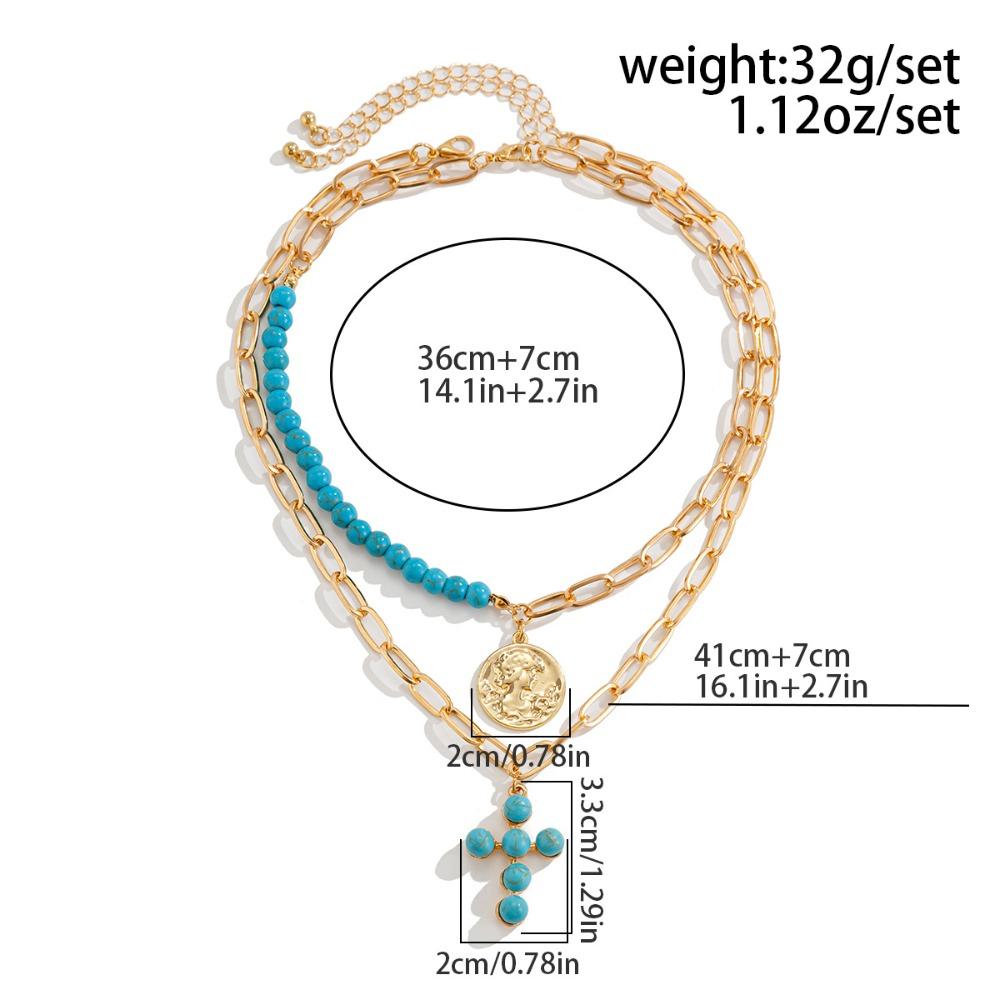 Retro Ethnic Irregular Turquoise Metal Cross Pendant Personality Double Layer Necklace for Women Collar Chain Charm Jewelry Gift