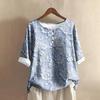 Women's Fashionable And Casual Shirt Half-sleeve Round Neck Print Cotton And Linen Blouse Top