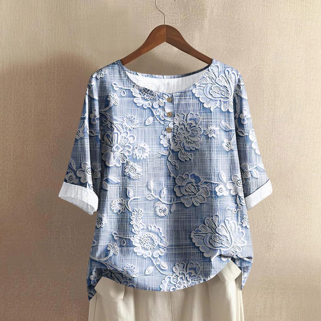 Women's Fashionable And Casual Shirt Half-sleeve Round Neck Print Cotton And Linen Blouse Top
