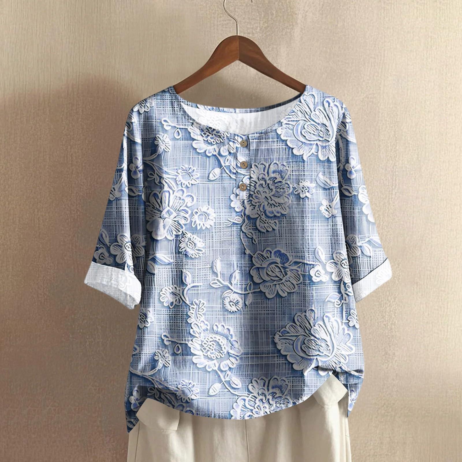 

Женская модная и повседневная рубашка с полурукавом, круглым вырезом, принтом, из хлопка и льна, блузка-топ S синий