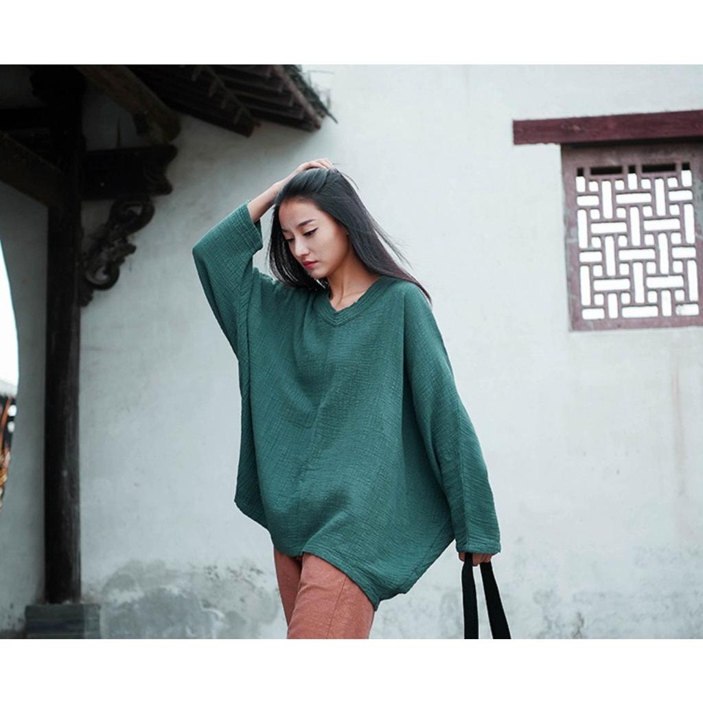 Bat Sleeve T-Shirts Vintage Women Cotton Linen V-Neck Solid Color Women Cloths Casual T-Shirts
