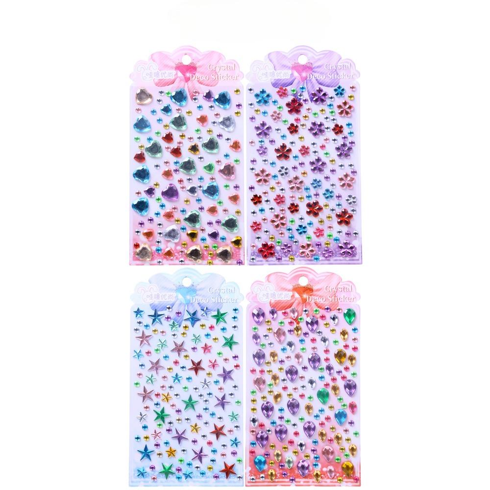 4 Pcs children's sparkling makeup stickers with three-dimensional stars, pentagonal stars, heart-shaped circular crystals, diamonds, gemstones