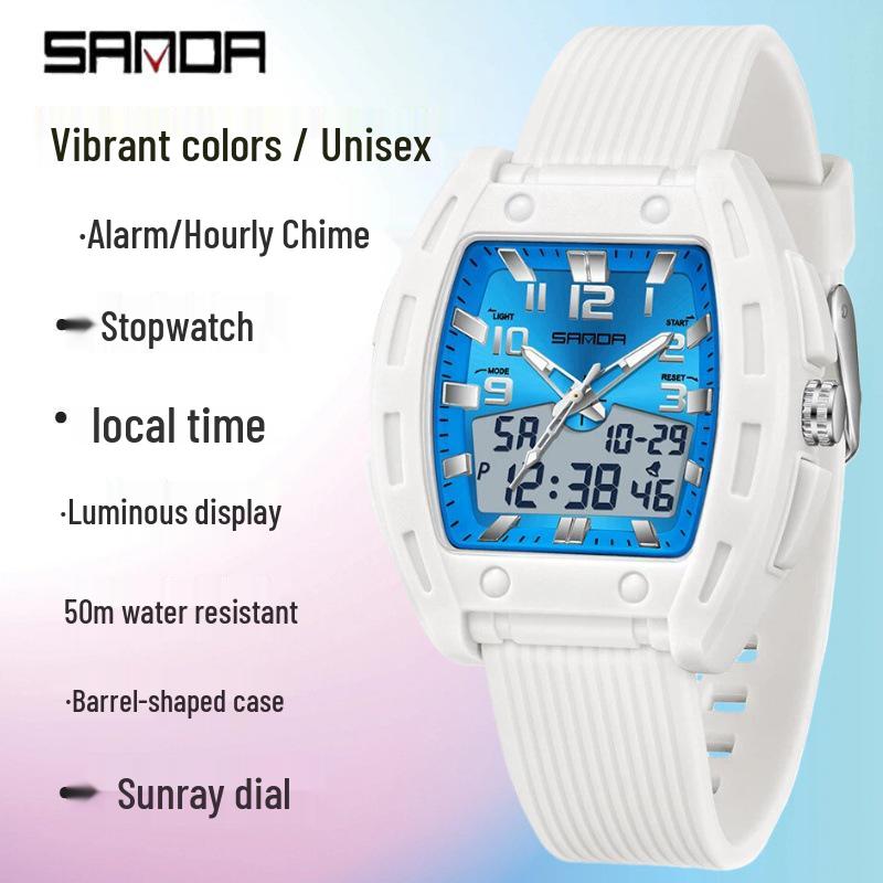 SANDA Men's Waterproof Luminous Sports Watch - Countdown & Multifunctional Barrel-Shaped Electronic Watch with Large Dial