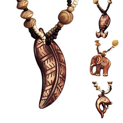 Collar largo de madera con cuentas y colgante de hoja de Animal, elefante, delfín, pez, bohemio, para mujer