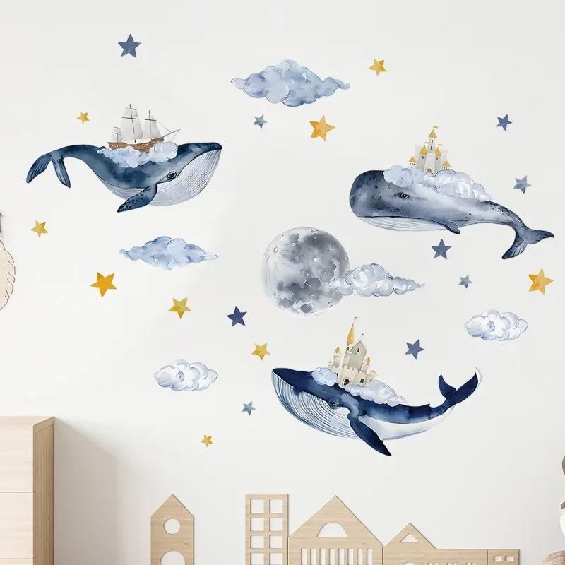 Cartoon Cute Whale Cloud Moon House Marine Animal Wall Stickers for Bedroom Living Room Nursery Decoration Wall Decals