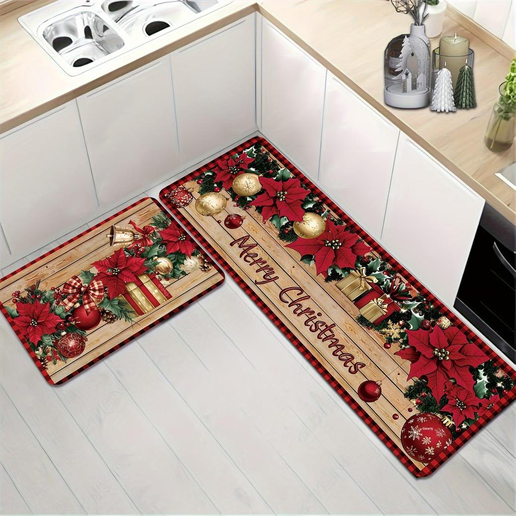 Santa Claus Crystal Velvet Kitchen Floor Mat Set - Quick Dry, Water Absorbent, Wear-Resistant Christmas Decor
